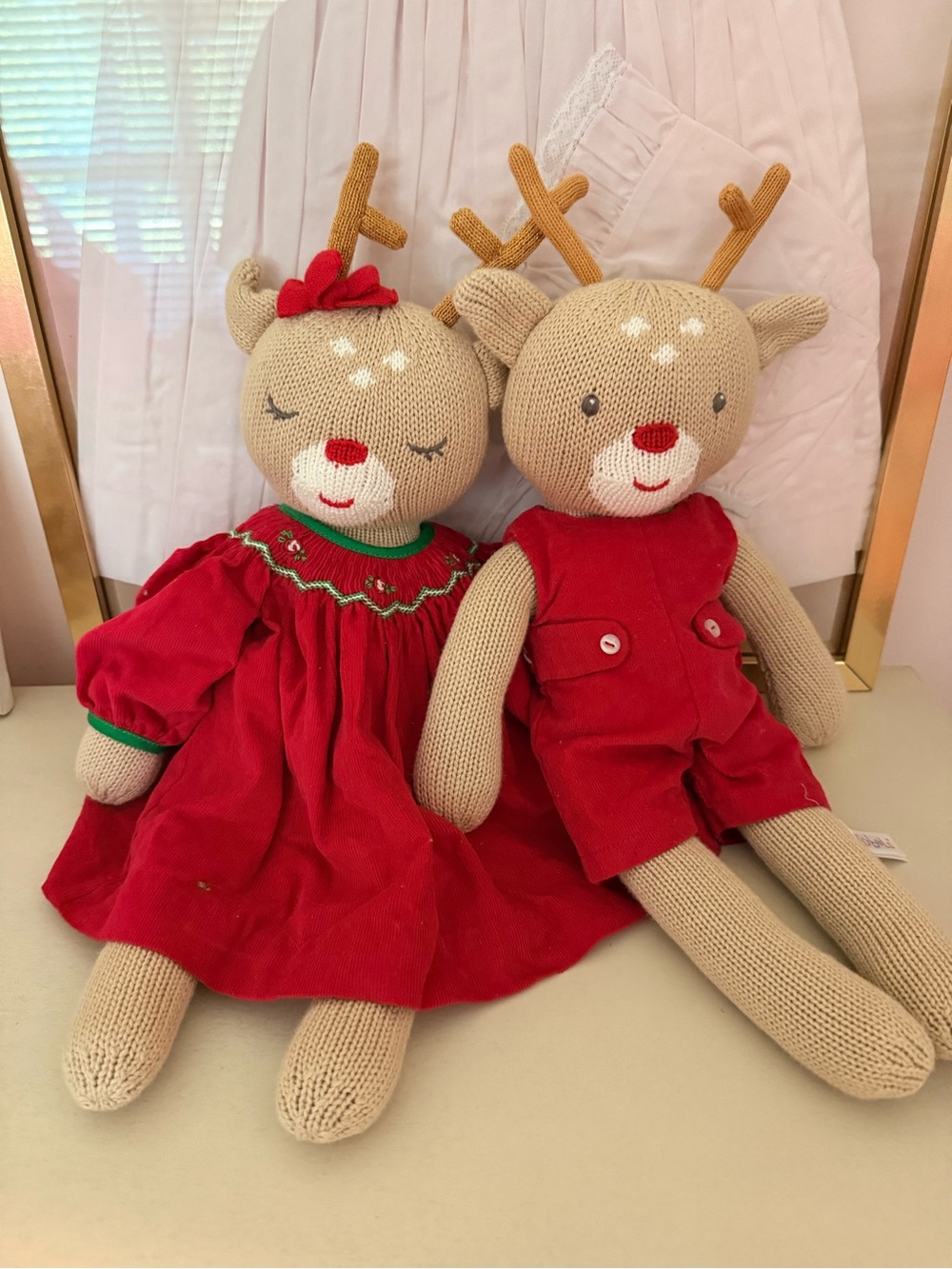 Plush Reindeer Duo in Red Holiday Outfits
